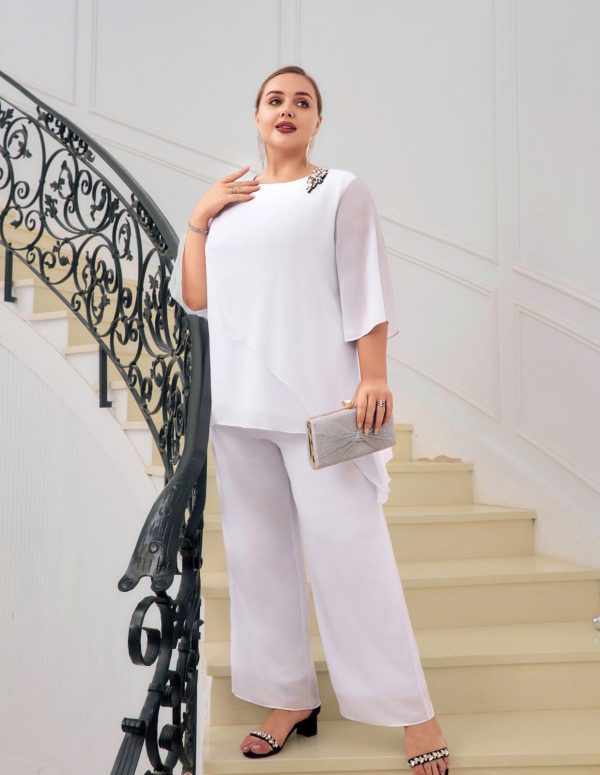 Plus Size Mother of Bride Pant Suits 2 Piece Chiffon Sets Ruffle Layers Wedding Guest Outfit