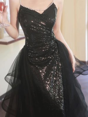 Black Sling Split Cocktail Evening Dress Sexy Formal Banquet Party Dress for Women