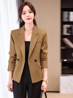 Women 2 Button Office Long Sleeve Solid Coats Turn Down Collar Vintage Jacket Loose Blazer