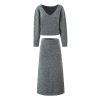 Women's Knit Maxi Set - Bat Wing Sleeve V-Neck Sweater & A-Line Contour Skirt in Heather Gray