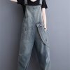 Womens Blue Vintage Big Pockets Streetwear Overalls Long Jumpsuit Loose Rompers Denim Jumpsuits