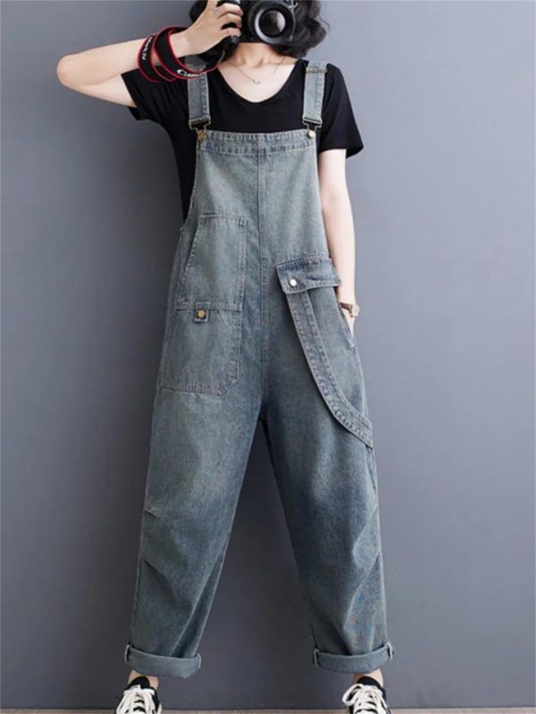 Womens Blue Vintage Big Pockets Streetwear Overalls Long Jumpsuit Loose Rompers Denim Jumpsuits
