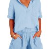 Women's Two Piece Outfits V Neck Short Sleeve Shirts and High Waist Shorts Lounge Sets