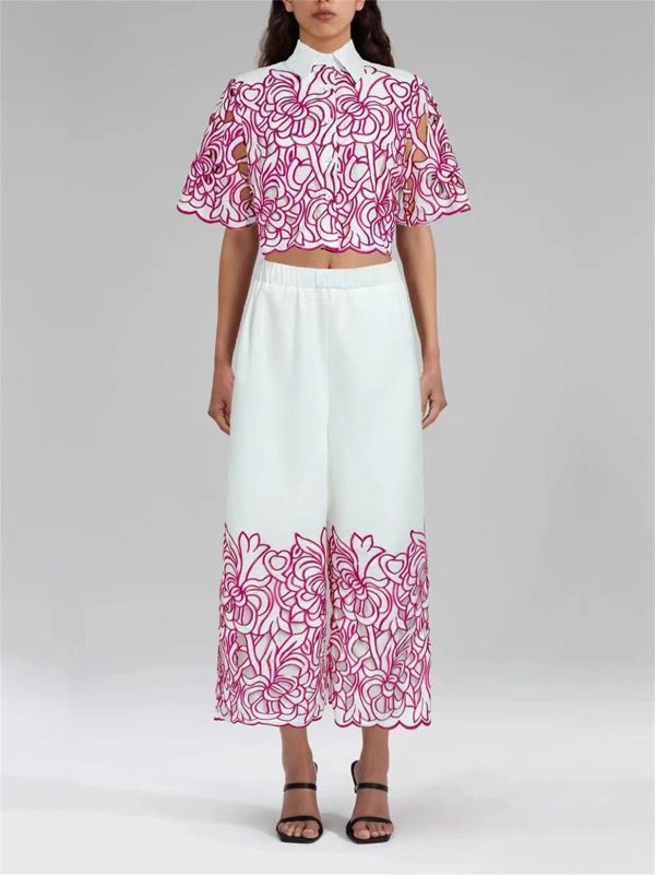 Women's Casual Top Set - Lapel Short Sleeve & Wide Leg Pants