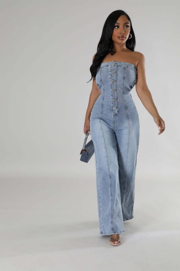 Womens Denim Jumpsuits Button Sleeveless Tube Top Wide Leg Jeans Summer Going Out Jumpsuits