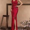 Sequin Evening Dress for Women V Neck Long Slit Formal Gown Wedding Guest Prom Floor Length Party Dress