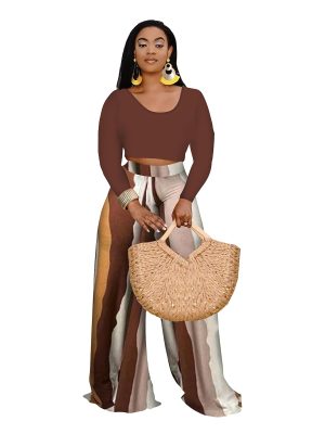 2 Piece Outfits for Women Sexy Backless Long Sleeve Crop Top High Waist Wide Leg Long Pant Sets Tracksuit Printed Set