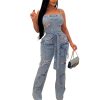 Denim Jumpsuit for Women Halter Wide Leg Ripped Jean Jumpsuits for Women with Belt Casual Denim Romper