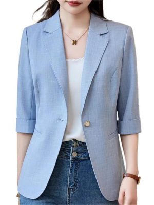 61k6pMwXq6L.jpg Women Spring Summer Elegant OL Thin Blazer Neck Half Sleeve Solid Suits Coats Office Work Jacket Tops