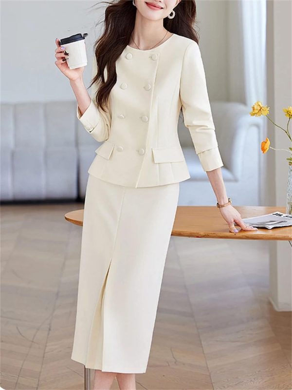 Women Commuting Office Half Skirt Two Piece Set Slim Fit Double Breasted Long Sleeved Half Skirt Set