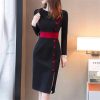 Women Contrast Color Elegant Temperament Party Dresses Office High Waist Long Sleeve Slim Midi Dress