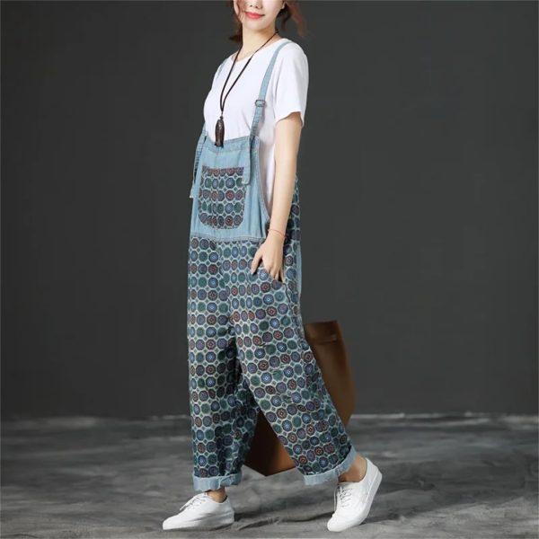 Women Vintage Printed Jumpsuits Loose Washed Denim Overalls Print Simple Rompers Pants