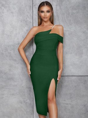 Modern Classic Green Slant Shoulder Side Split Slim Fit Dress Womens Sexy Backless Bodycon Party Dress