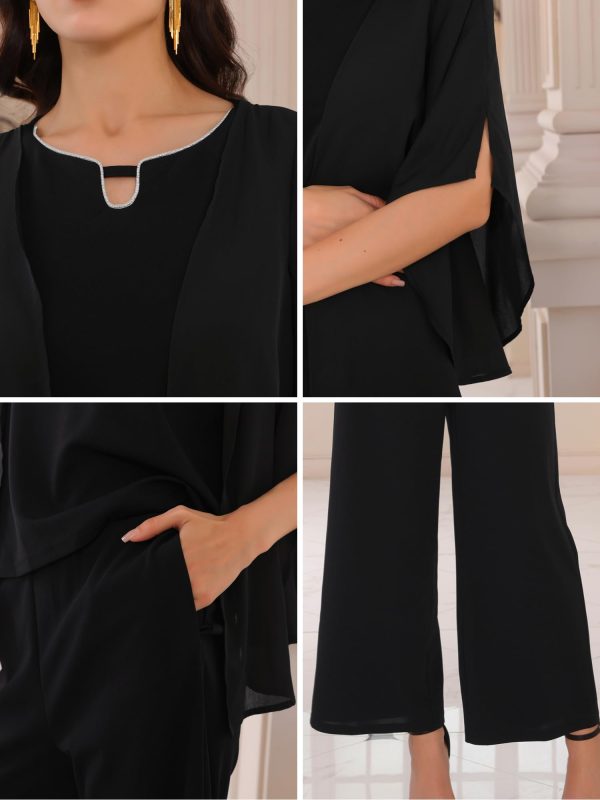 61lbyqdXFJL.jpg Women's 2 Pieces Sets Elegant Chiffon Sleeve Top Wide Legs Pants Mother of Bride Suits