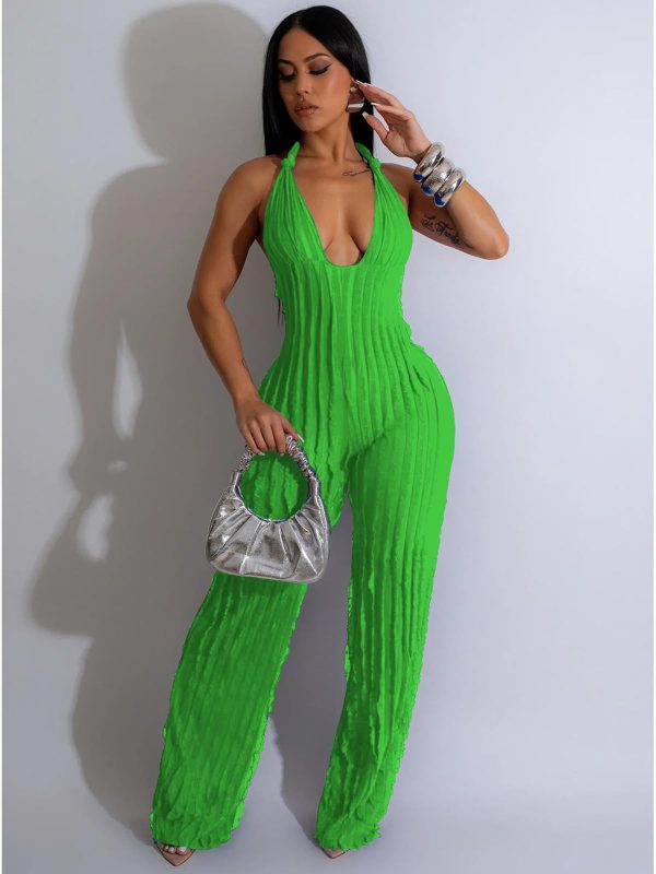 Summer Sexy Halter Jumpsuits for Women V Neck Tie Knot Pleated Boho One Piece Wide Leg Long Pants Jumpsuit Romper