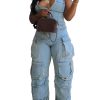 Women's Cargo Denim Jumpsuit Strapless Multi Pockets Wide Leg Loose Baggy Jean Romper Cargo Jeans