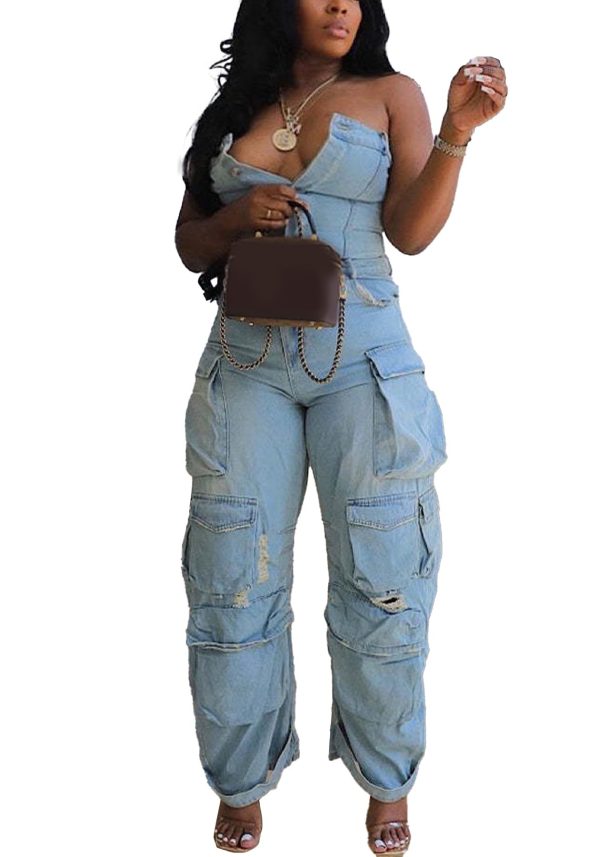 Women's Cargo Denim Jumpsuit Strapless Multi Pockets Wide Leg Loose Baggy Jean Romper Cargo Jeans