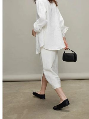 Women's Street Style Set - White Linen Shirt & Skirt Minimalist City Wear