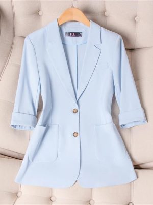 Women's Spring Summer Half Sleeve Office Coat Top All Match Stylish Jacket Blue Blazer