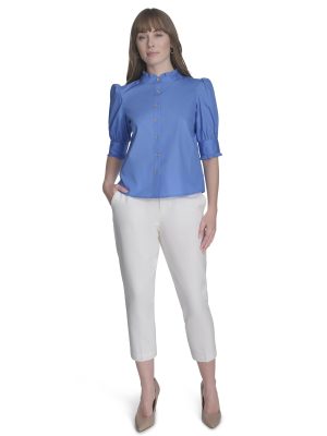 Women's Short Sleeve Ruffle Neck Button Front Shirt