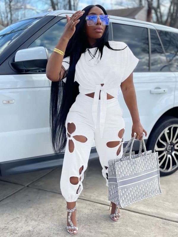 Women 2 Piece Outfits Set Casual Crop Top Shirt Hollowed Out Sweatpants Women Fashion Tracksuit