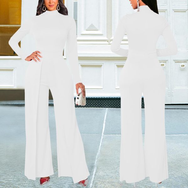 Women's Casual Long Sleeve Round Neck Jumpsuits Work Wide Leg Pants Club Party Loose Rompers