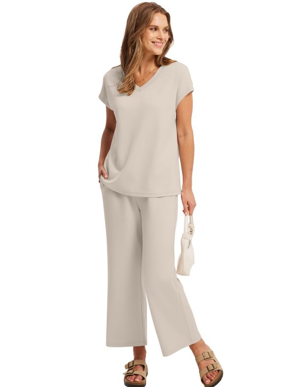 Two Piece Sets for Women Summer Outfits Lounge Sets V Neck Tops Wide Leg Pants Woman Vacation Travel Outfits