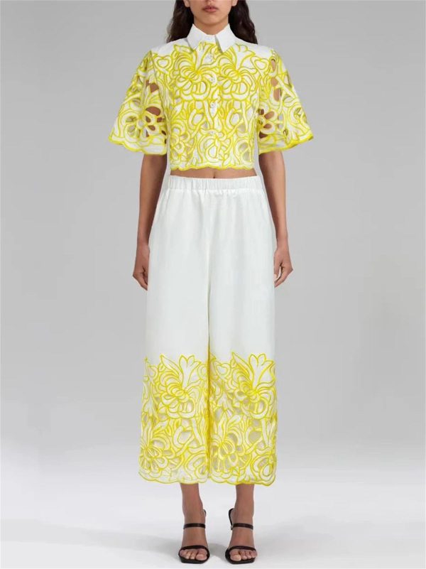 Women's Casual Top Set - Lapel Short Sleeve & Wide Leg Pants