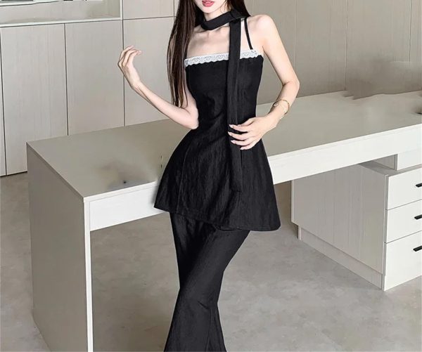 Women's Lace Trim Set - V-Neck Halter Top & Draped Pants