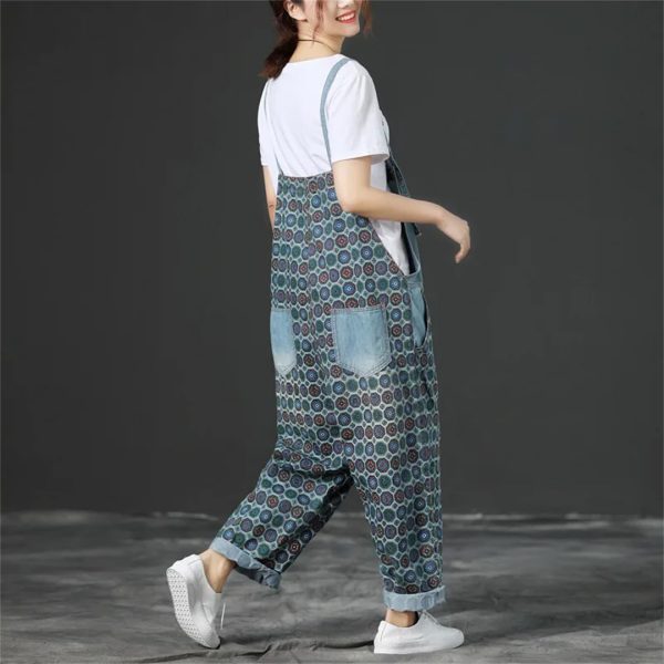 Women Vintage Printed Jumpsuits Loose Washed Denim Overalls Print Simple Rompers Pants