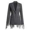Women Embroidery Lace Notched Collar Long Sleeve Tunic Slimming Blazers