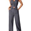 Women's 2 Piece Solid Sleeveless V Neck Cross Back Button Down Blazer and Pants Business Office Suit Set
