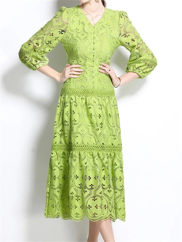 61phlIEVVuL.jpg Women Summer Hollow Out Lace Dress Streetwear Long Sleeve Office Party Dress