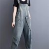 Womens Blue Vintage Big Pockets Streetwear Overalls Long Jumpsuit Loose Rompers Denim Jumpsuits