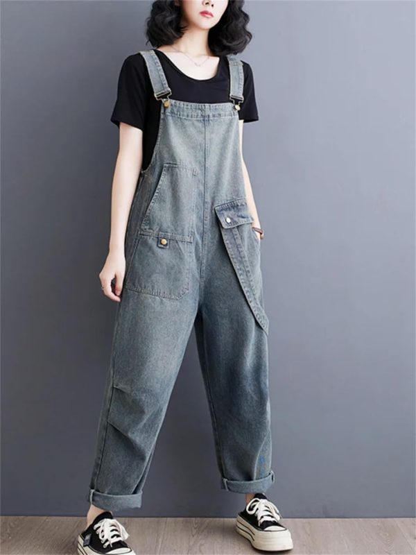Womens Blue Vintage Big Pockets Streetwear Overalls Long Jumpsuit Loose Rompers Denim Jumpsuits
