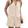 Women Summer 2 Piece Outfits V Neck Sleeveless Button Down Vest Shorts Sets Business Work Matching Set 2025