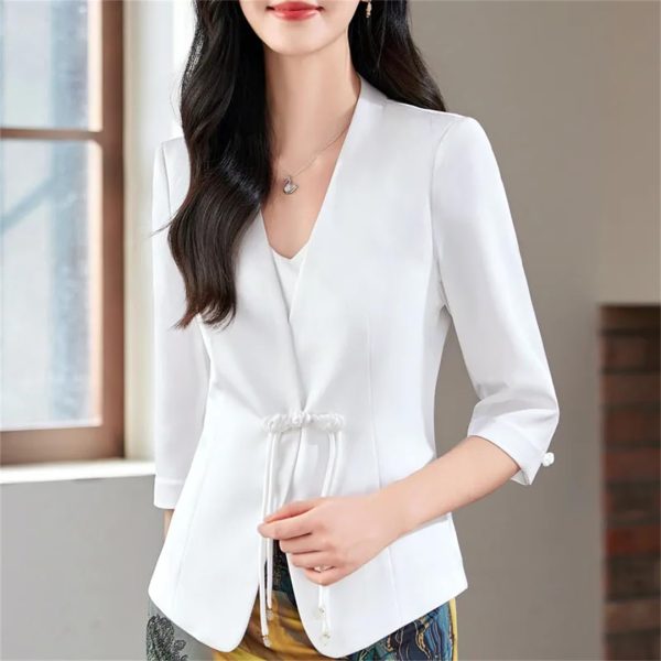 Women Satin Silk Suit Coat Half Sleeve Solid Single Button Blazer Elegant Office Outerweara Jacket