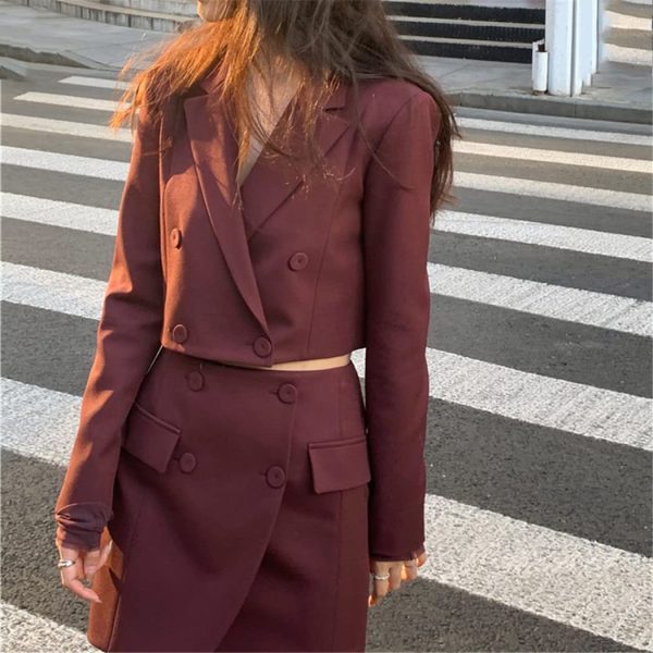 61sJc8doN0L.jpg Spring Summer Stylish Blazer Suits Sets Women Crop Coat High Waist Pocket Mini Skirts Outfit Suits