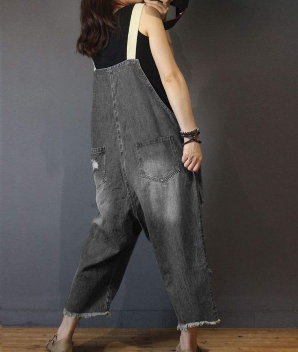 Women Casual Loose Cropped Denim Jumpsuits Rompers Jeans Overalls Distressed Ripped Fringed/Pockets P49