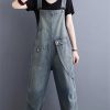 Womens Blue Vintage Big Pockets Streetwear Overalls Long Jumpsuit Loose Rompers Denim Jumpsuits