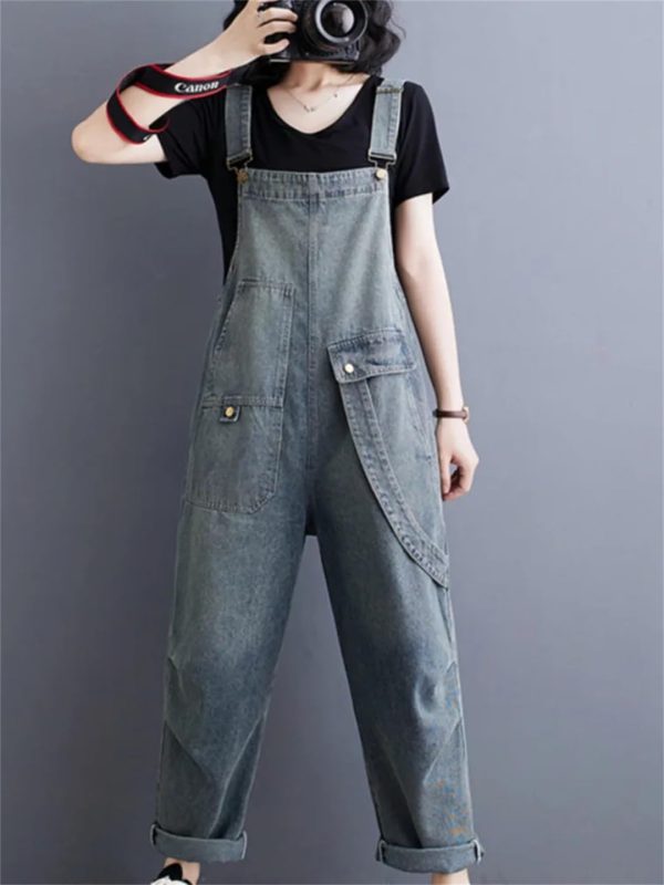 Womens Blue Vintage Big Pockets Streetwear Overalls Long Jumpsuit Loose Rompers Denim Jumpsuits