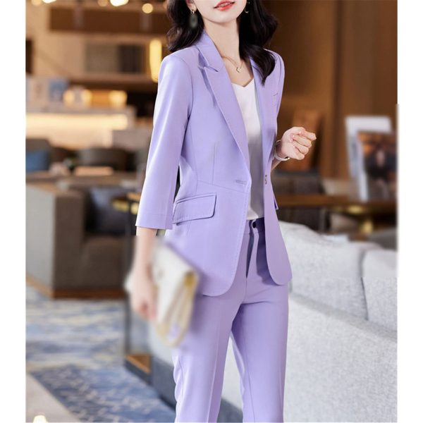 Women's Office Suit Fashion Suit Jacket Simple Solid Color Spring and Summer Half-Sleeved Top + Trousers 2-Piece Set