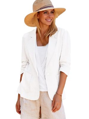 2025 Summer Linen Blazer Women Lightweight 3/4 Stretchy Ruched Sleeve Fully-Lined Casual Work Jacket with Pockets