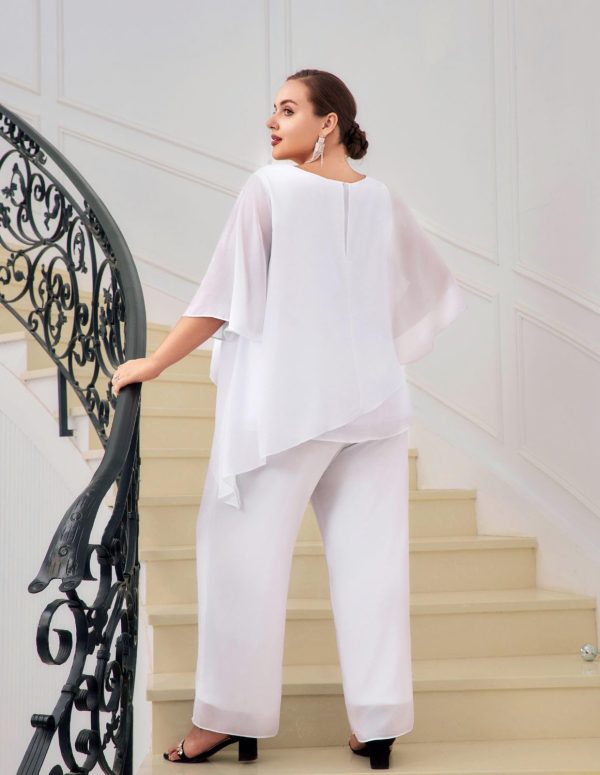 Plus Size Mother of Bride Pant Suits 2 Piece Chiffon Sets Ruffle Layers Wedding Guest Outfit