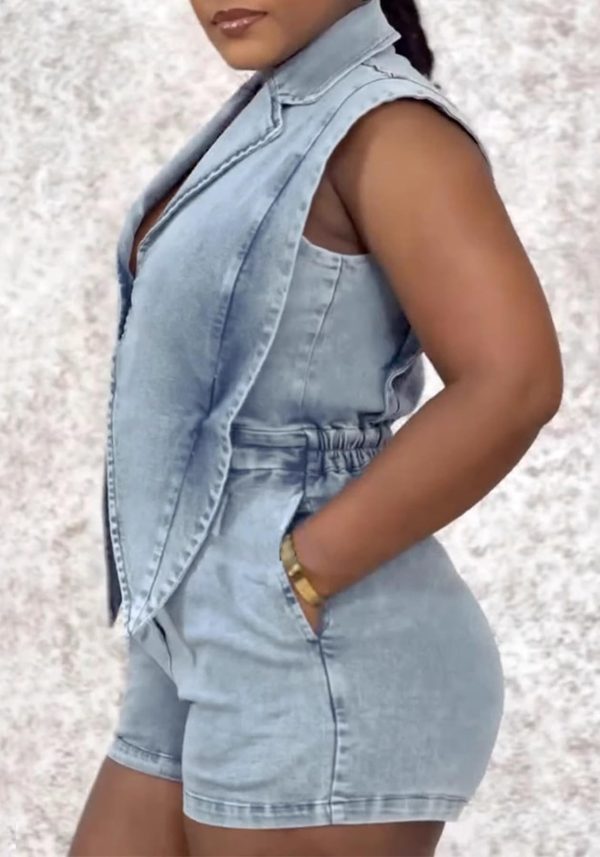 Womens Denim Romper Y2k Sleeveless V Neck Lapel Blazers Vest Work Business Short Jeans Jumpsuits