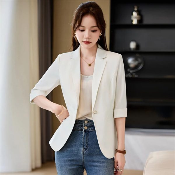 Women Spring Summer Elegant OL Thin Blazer Neck Half Sleeve Solid Suits Coats Office Work Jacket Tops