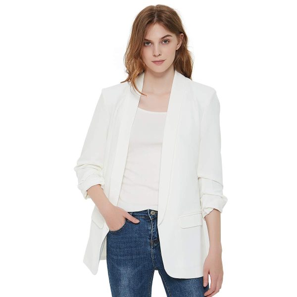 Womens 3/4 Ruched Sleeve Blazer Jacket Lightweight Work Office Open Front Solid Coat, Black