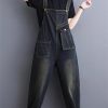 Women Pockets Ladies Long Jumpsuits Sleeveless Rompers Woman Blue Straight Jeans Jumpsuit