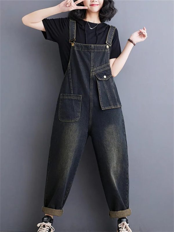 Women Pockets Ladies Long Jumpsuits Sleeveless Rompers Woman Blue Straight Jeans Jumpsuit