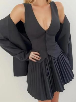 Women's 3-Piece Blazer Suit - Notched Twill Jacket & Bow Waist Pleated Skirt